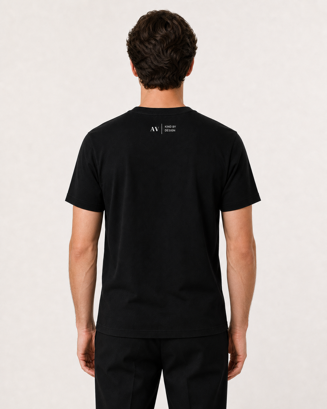 Back of the black Authentic Vegan Kind by Design T-shirt on a model