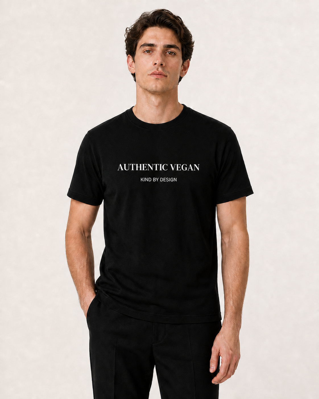 Black Authentic Vegan Kind by Design T-shirt on a model