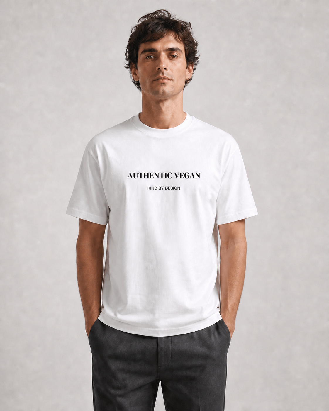 White Authentic Vegan Kind by Design T-shirt on a model